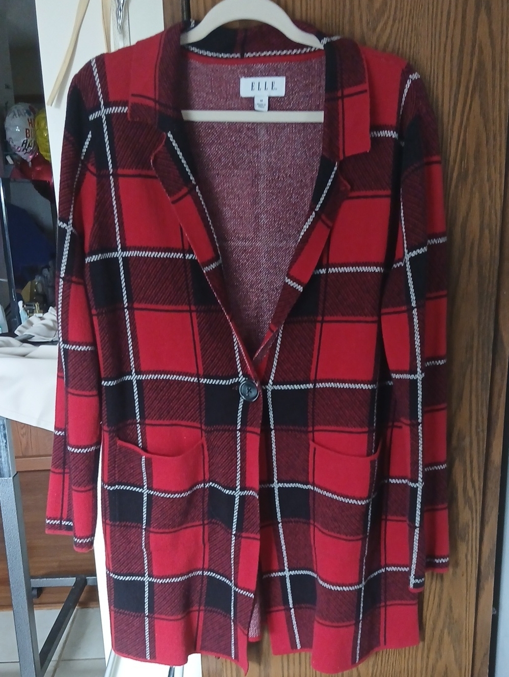 Elle Red and Black Plaid Single-Button Blazer